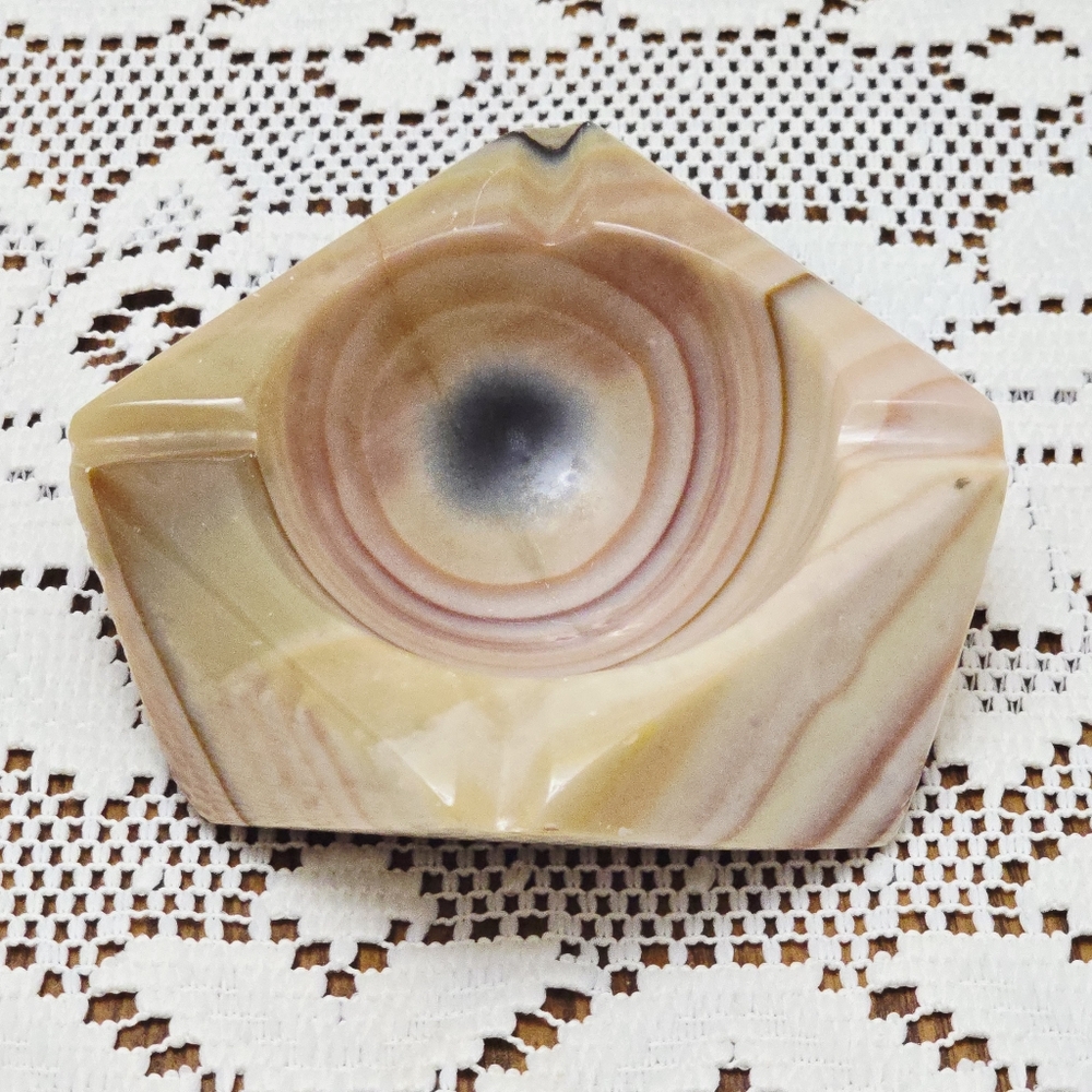 Vintage MCM Onyx Ashtray Marble Alabaster Heavy Stone Cream Green Pink Tan - Picture 10 of 16